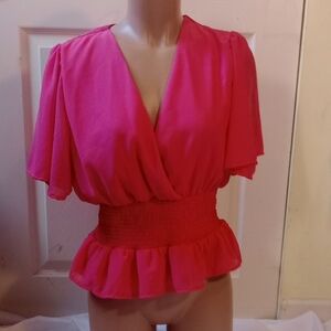 KABINA ,  Vibrant Pink Wrap Peplum Blouse with Flutter Sleeves